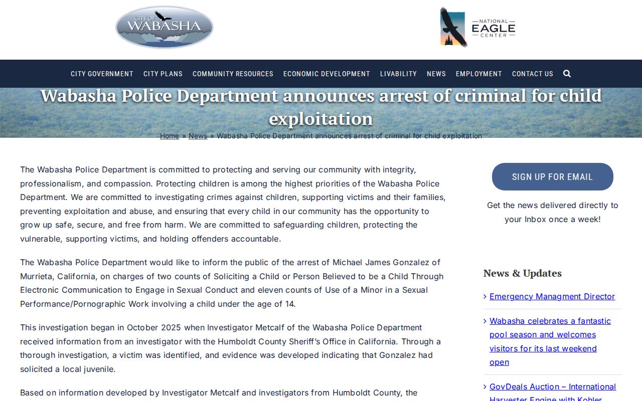 Official City of Wabasha police arrest announcement page with presumption-of-innocence language