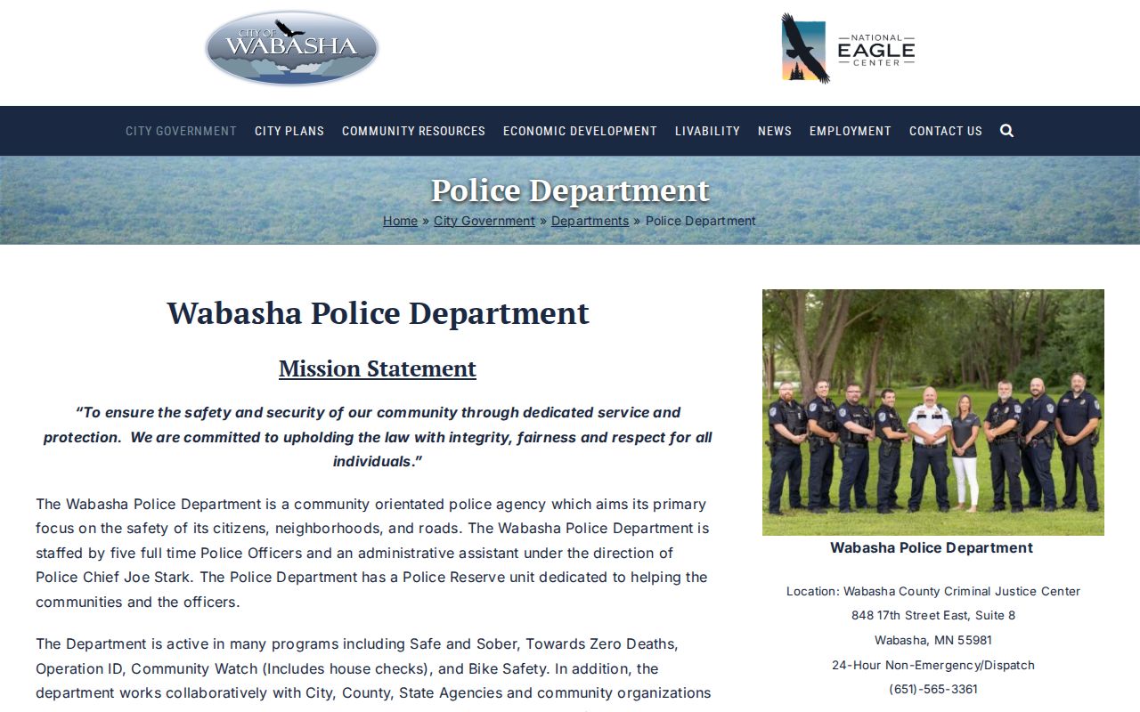 Official Wabasha Police Department contact and Criminal Justice Center location page
