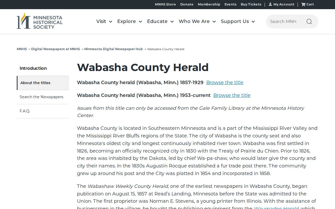 Minnesota Historical Society Wabasha County Herald archive for historical Wabasha County news research