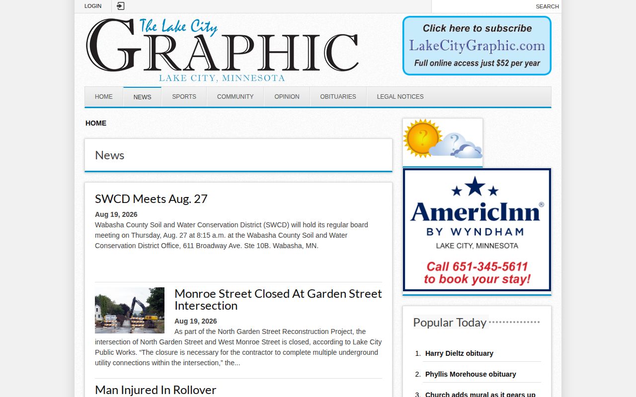 Lake City Graphic local news source for Wabasha County Sheriff Report coverage