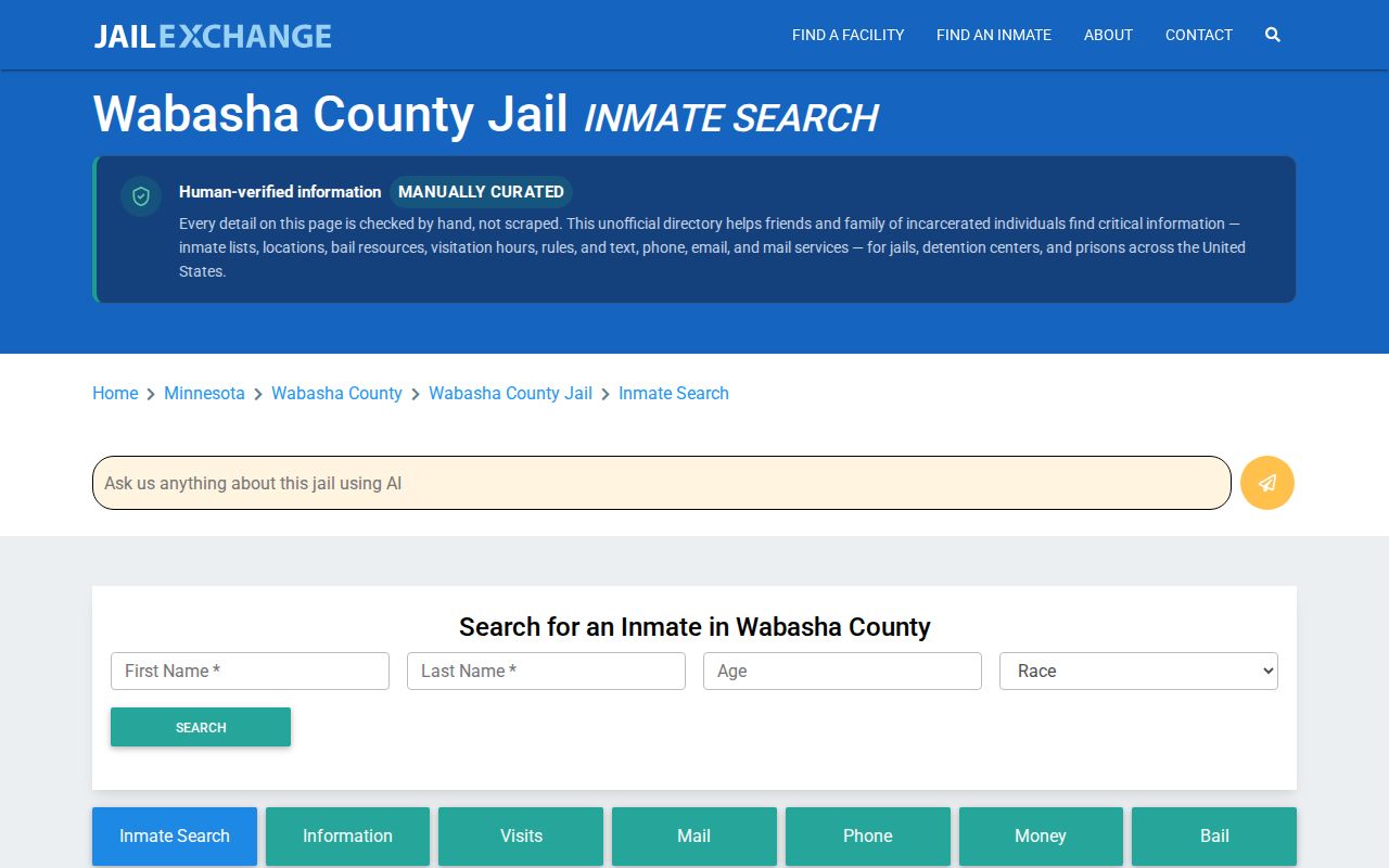 JailExchange secondary Wabasha County jail guide for official roster routing