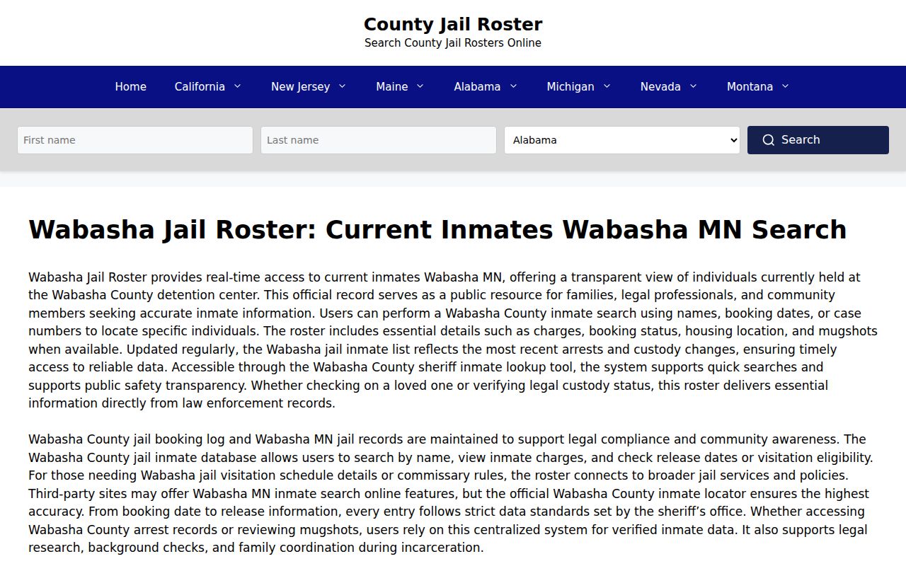 CountyJailRoster.org third-party Wabasha County branded page requiring official-source verification