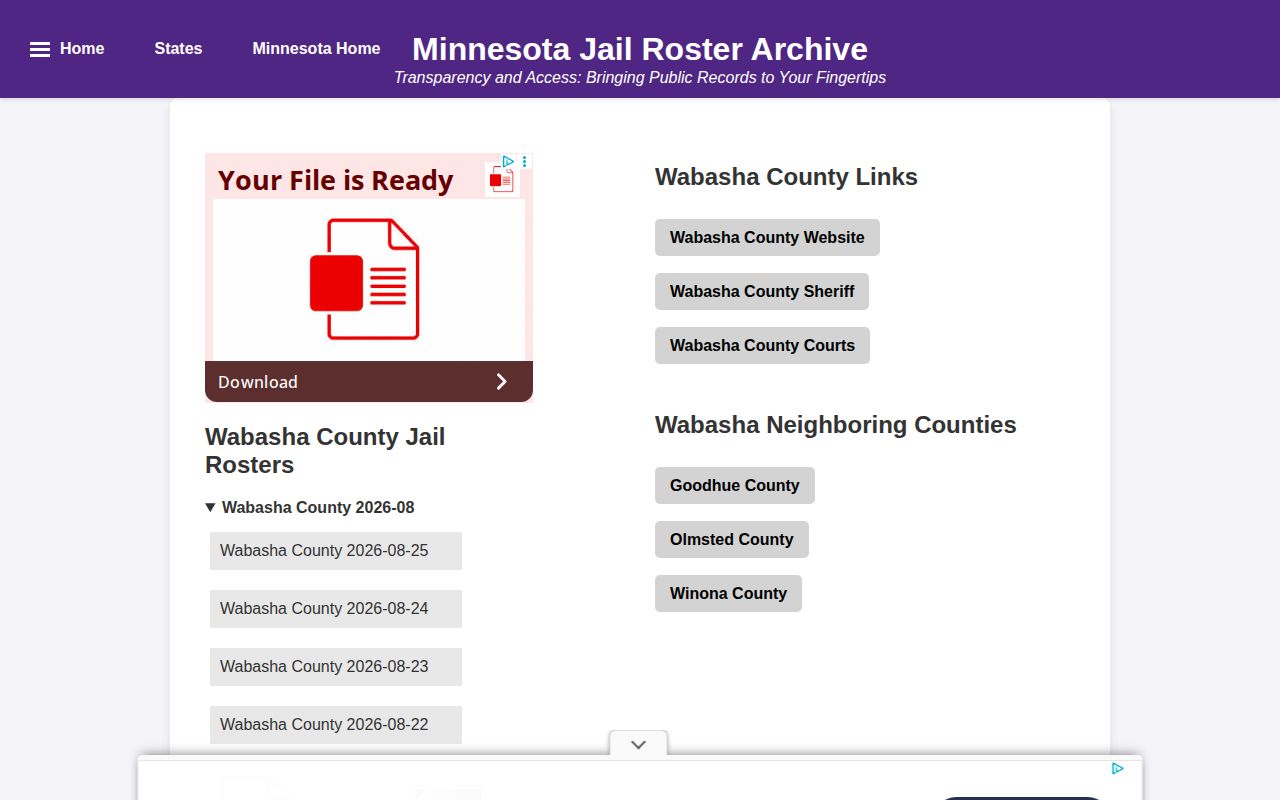 Unofficial historical Wabasha County jail roster archive used as a secondary research lead