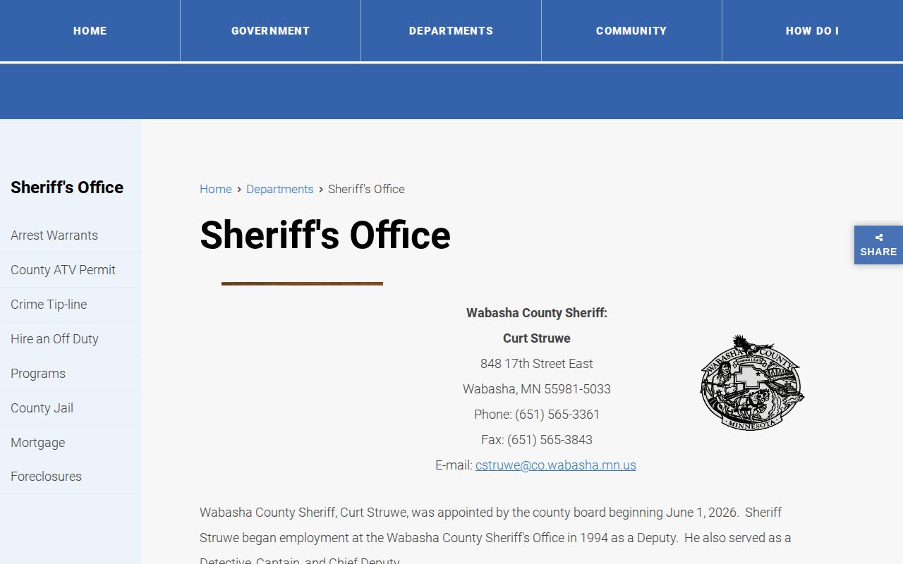 Wabasha County Sheriff’s Office contact information for warrant verification