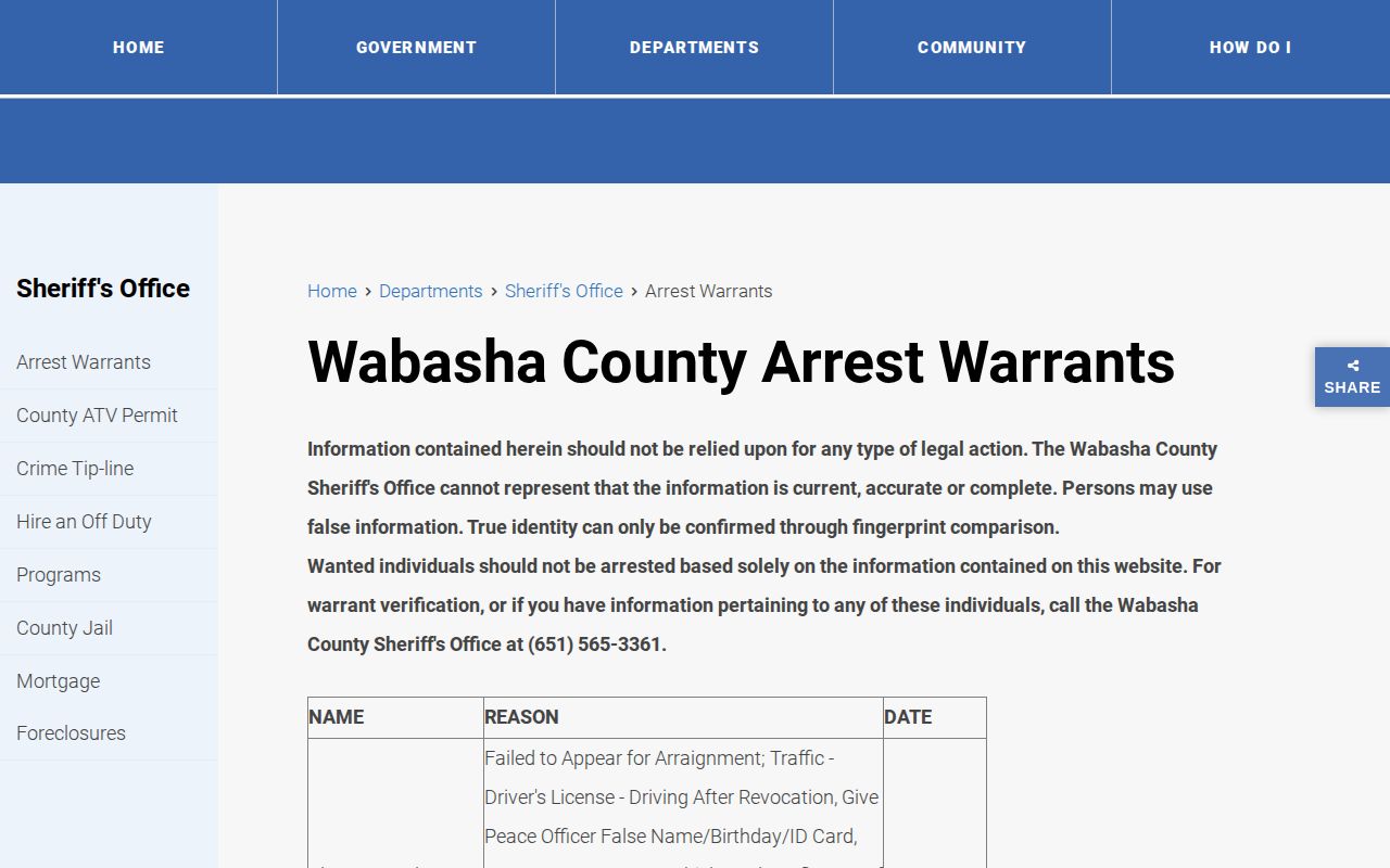 Wabasha County Arrest Warrants table used for warrant-record verification